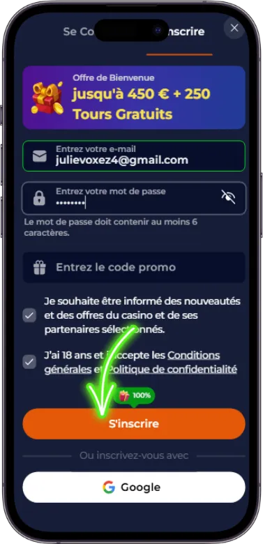 processus d'inscription Nine casino
