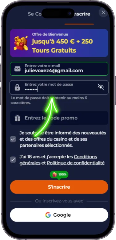 processus d'inscription Nine casino